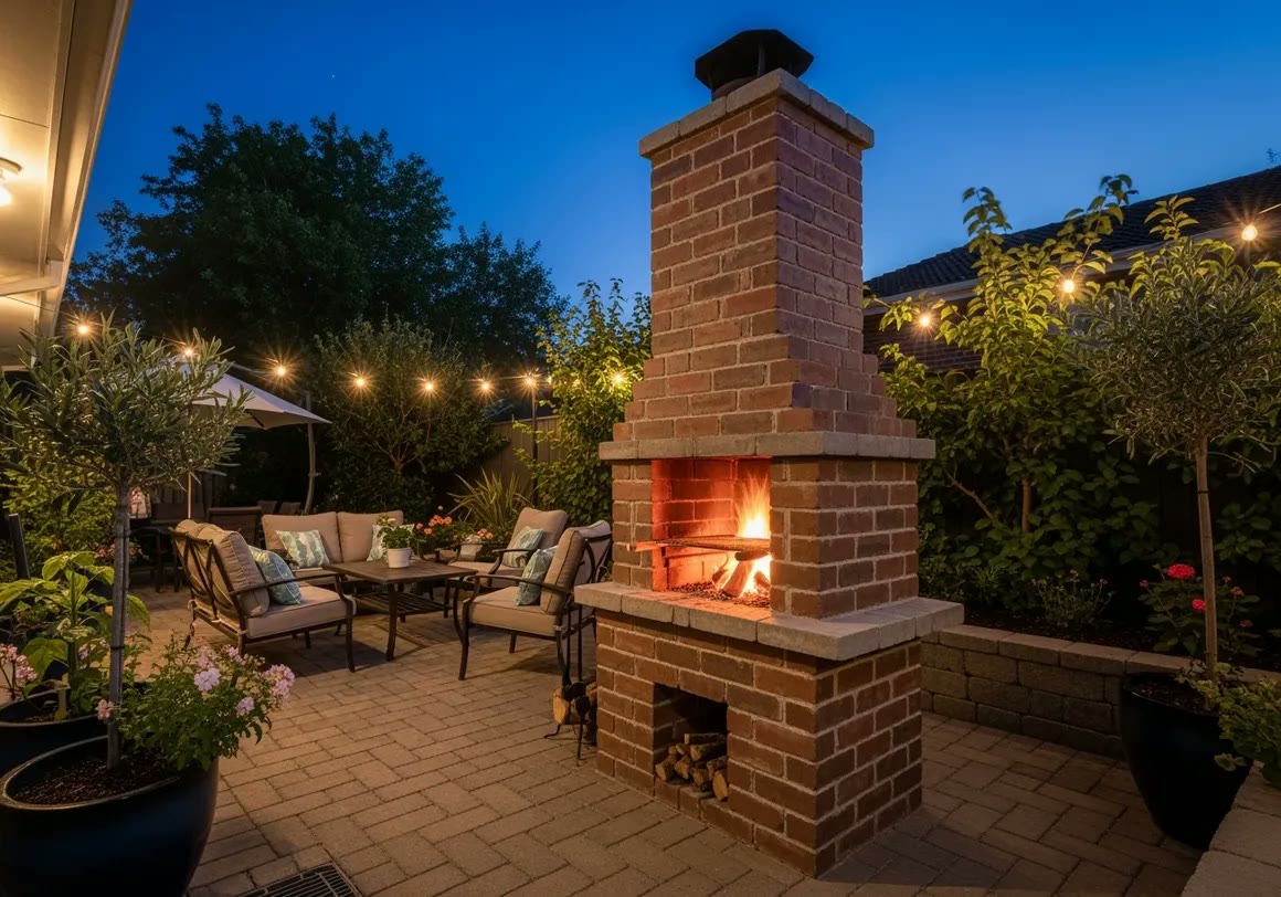 Brick outdoor fireplace with a wood fire burning beside lounge seating and string lights at dusk
