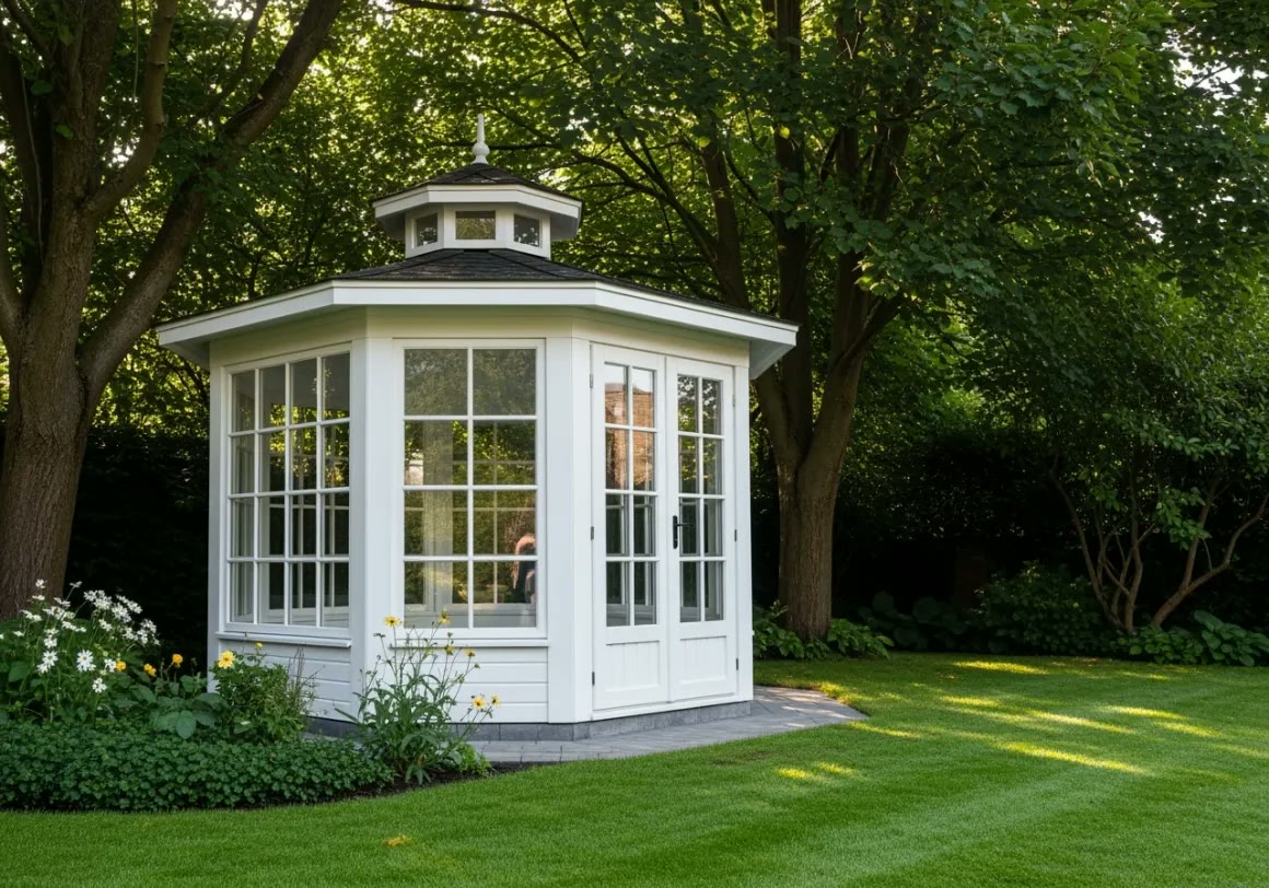 White garden pavilion with cupola and French doors set among mature trees