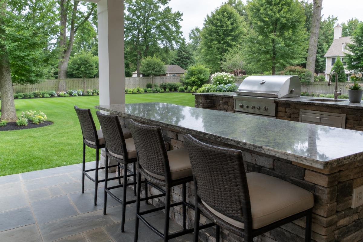 Bar seating along an outdoor kitchen counter facing the yard