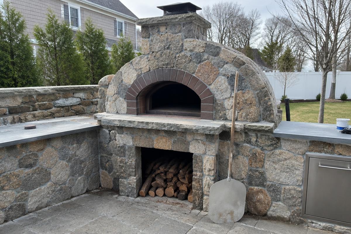 Wood-fired pizza oven built into natural stone masonry