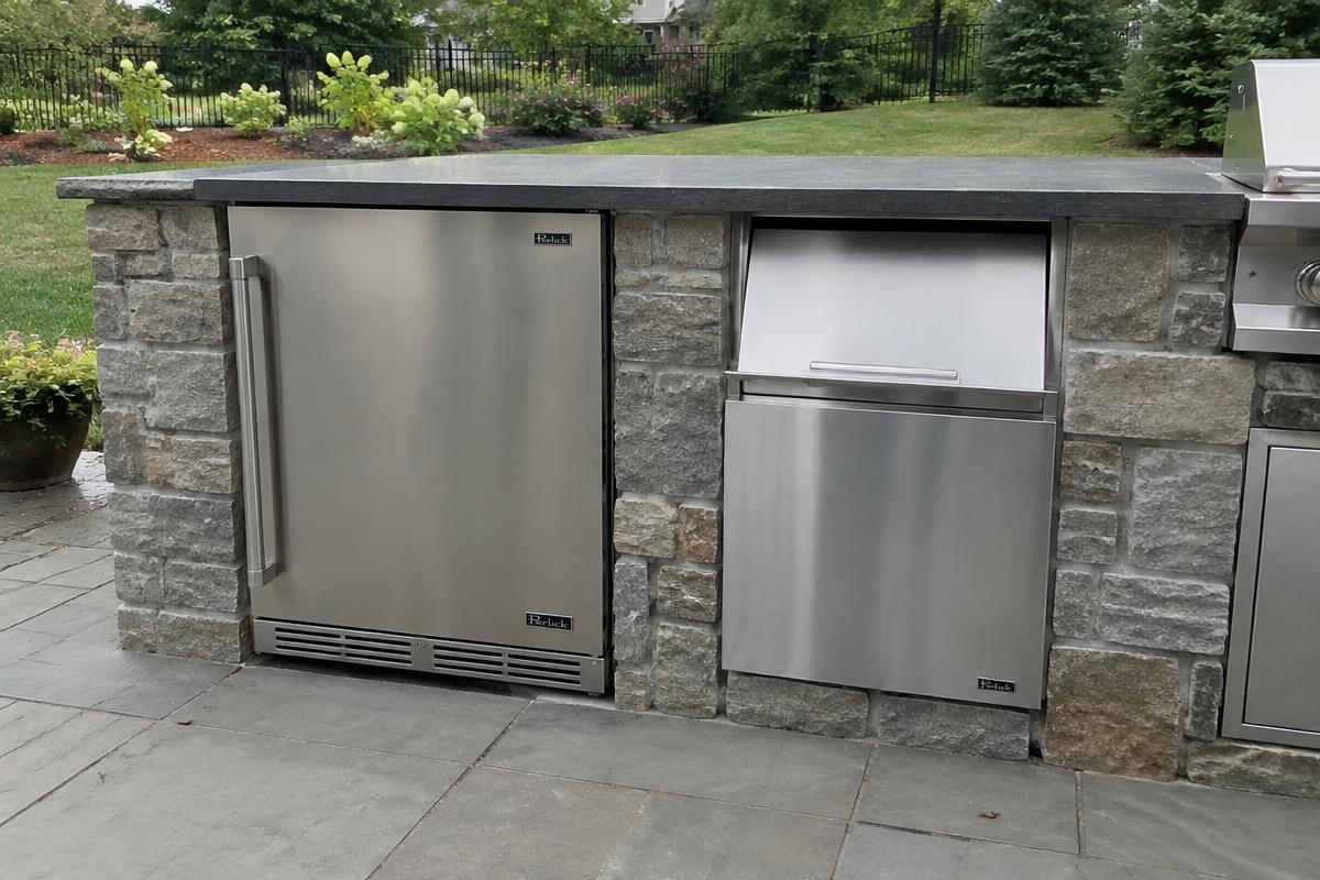 Outdoor-rated refrigerator and ice bin in a stone kitchen island