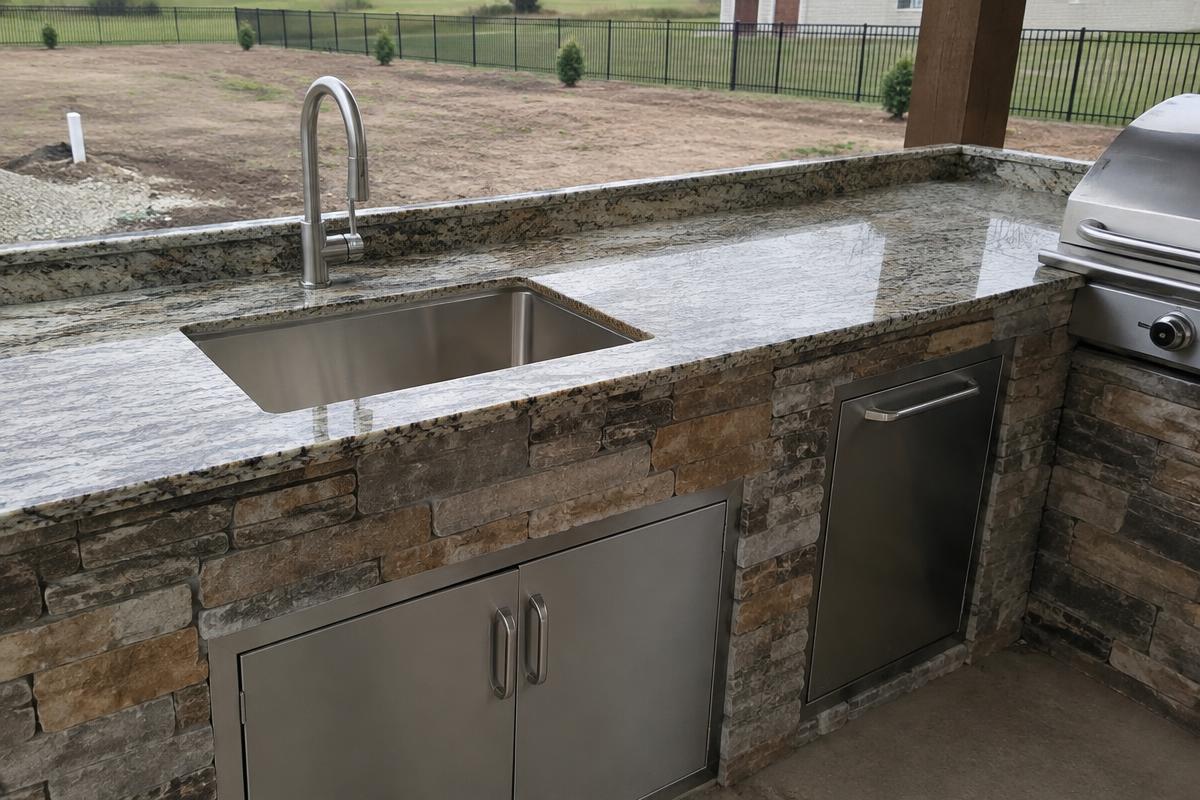 Stainless sink and prep counter in an outdoor kitchen island