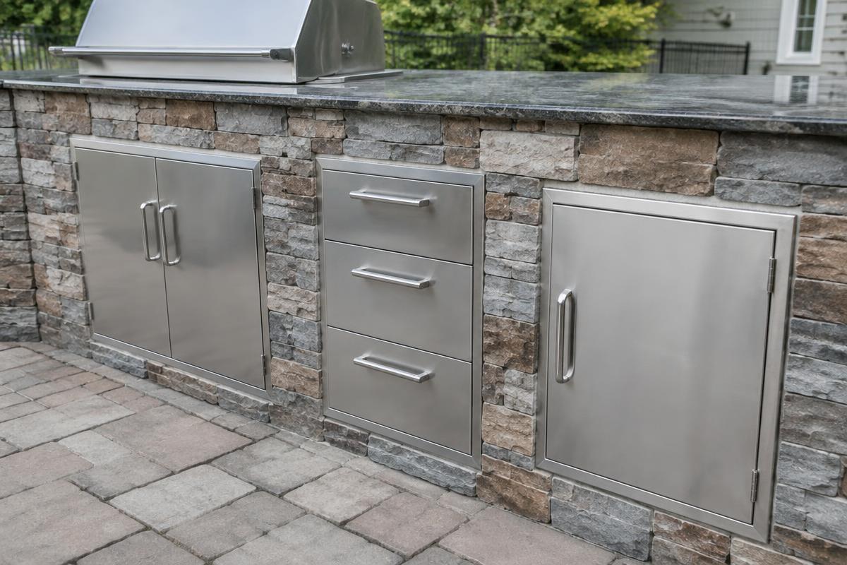 Stainless storage drawers and doors in a stone veneer island
