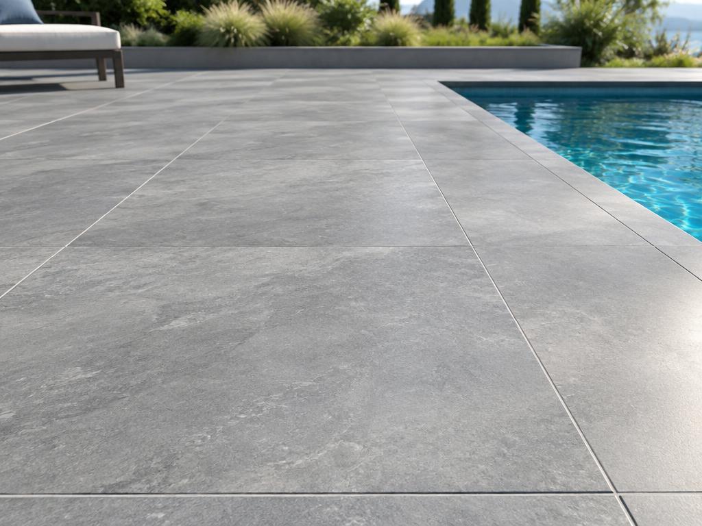 Close-up of large-format gray stone-look porcelain pavers around a pool
