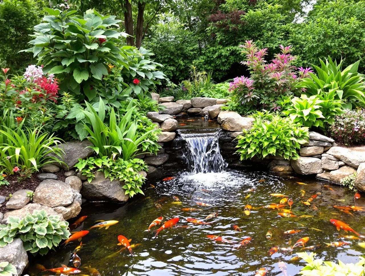 Koi pond with a small waterfall and schools of koi among boulders and plantings
