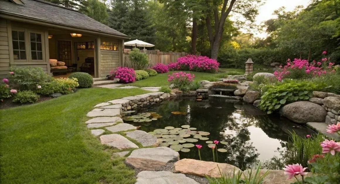 Backyard pond edged in fieldstone beside azaleas and a screened porch