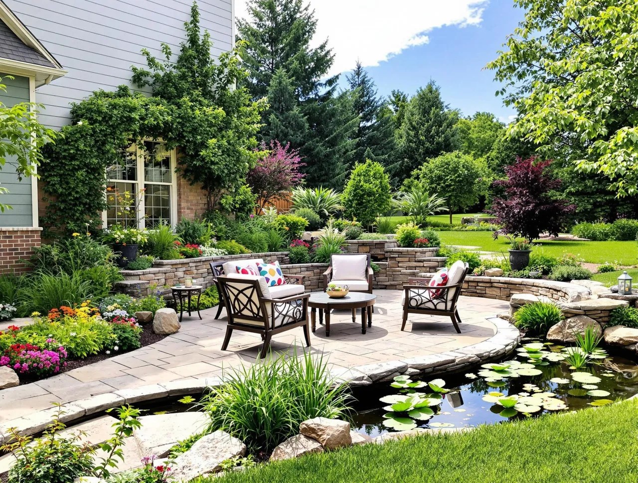 Natural pond with stone waterfall, stepping stones and a gazebo at golden hour
