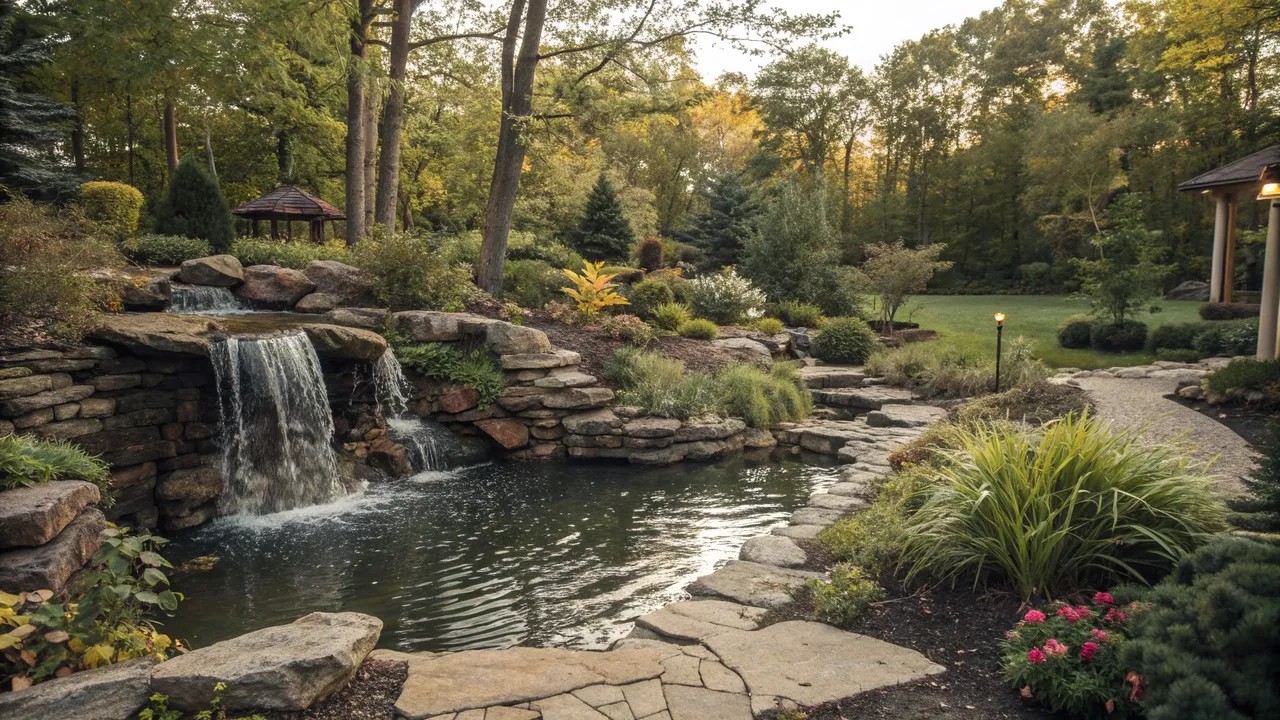 Stone waterfall and pond along a stepping-stone path at sunset