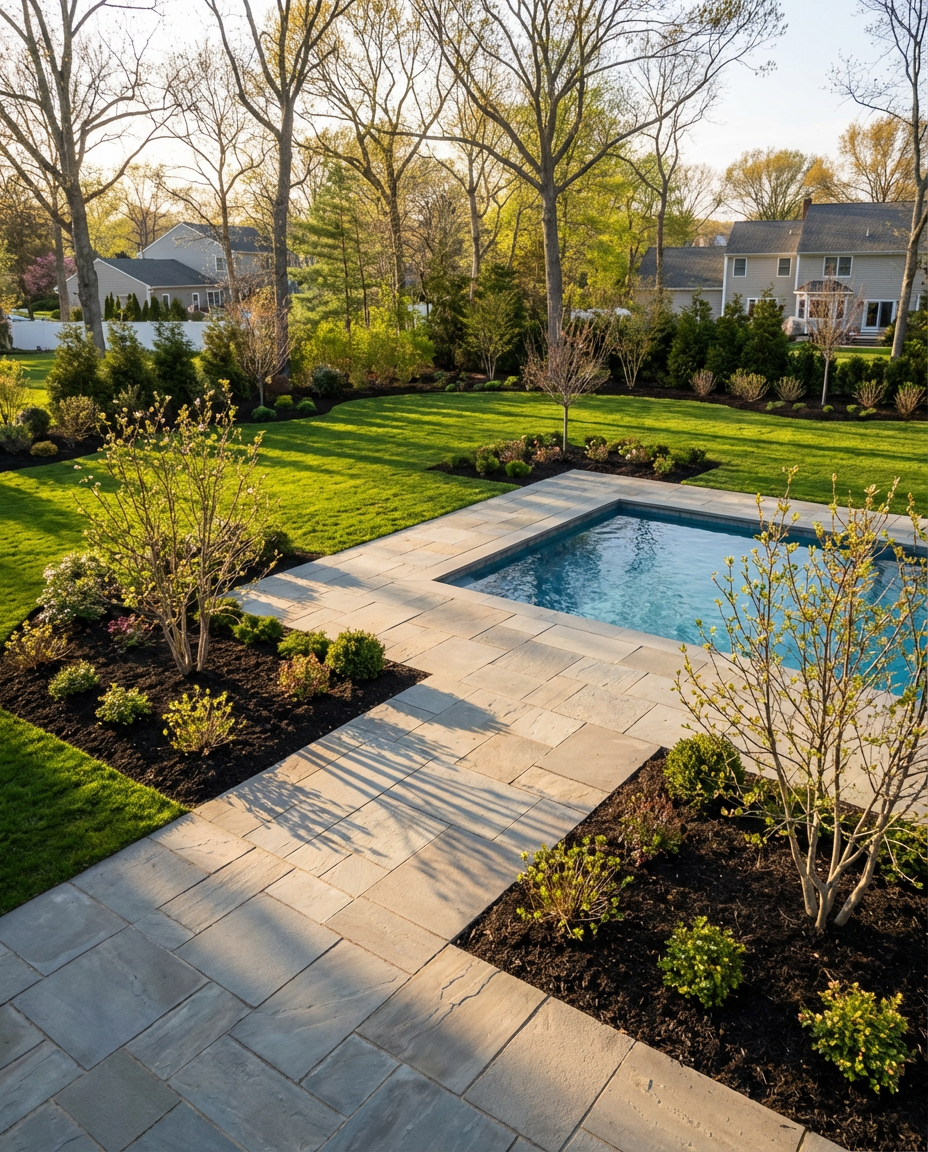 Rectangular pool with bluestone surround, fresh planting beds and lawn