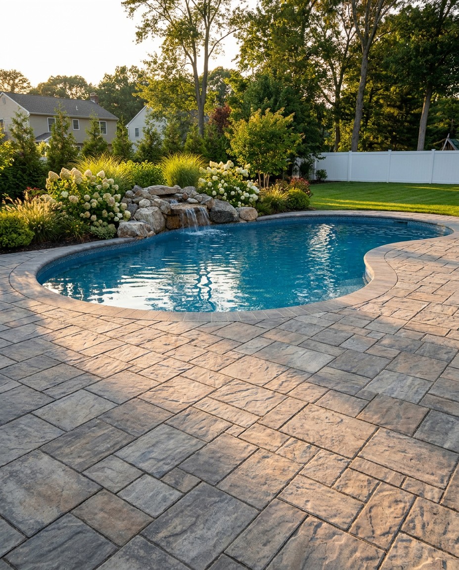Kidney pool with boulder waterfall, hydrangeas and a paver patio at golden hour