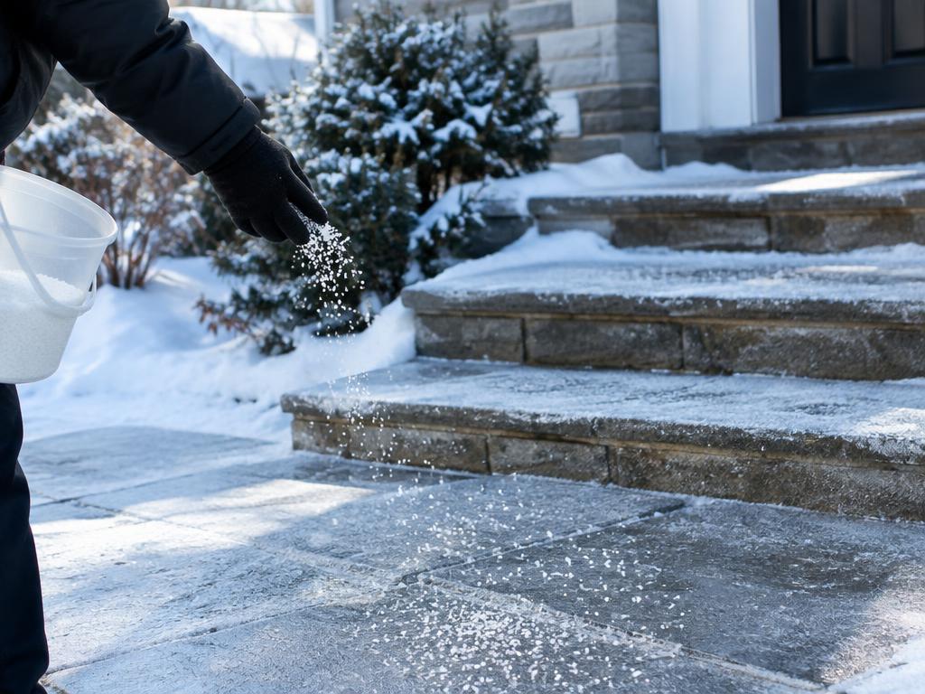 Ice melt pellets being spread over icy steps and walkway