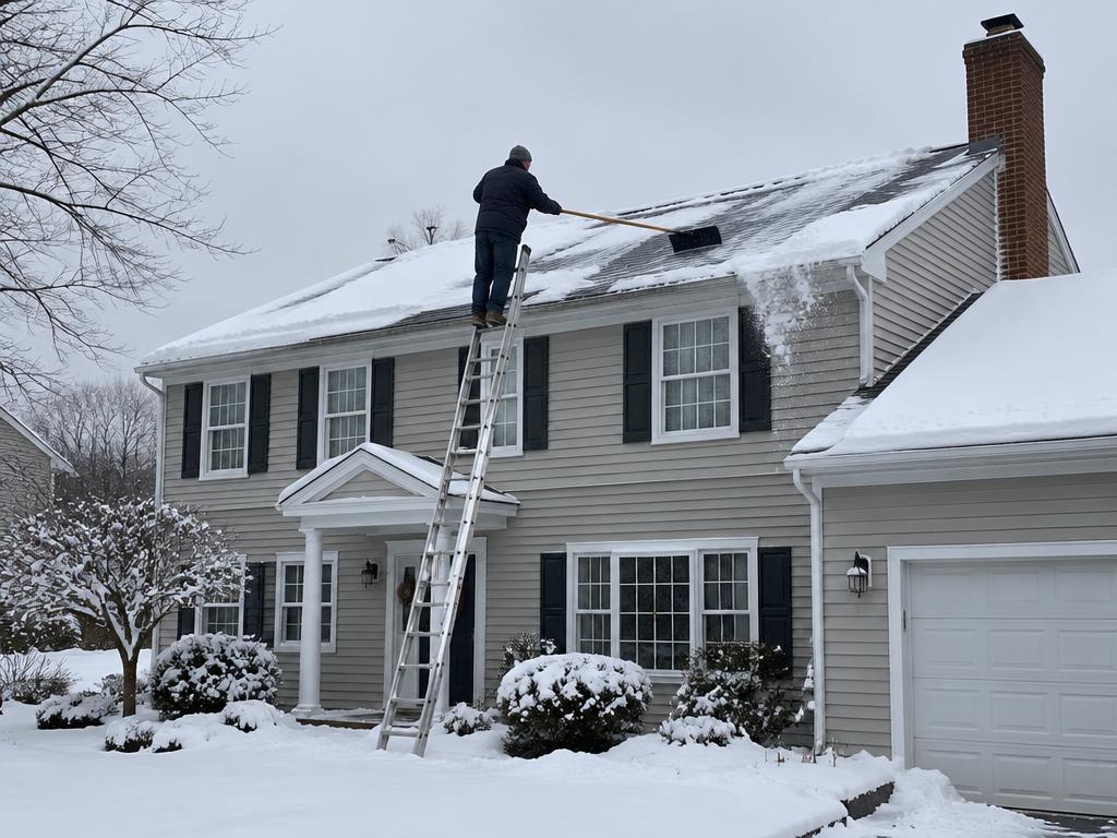 Snow being removed from the roof of a colonial home