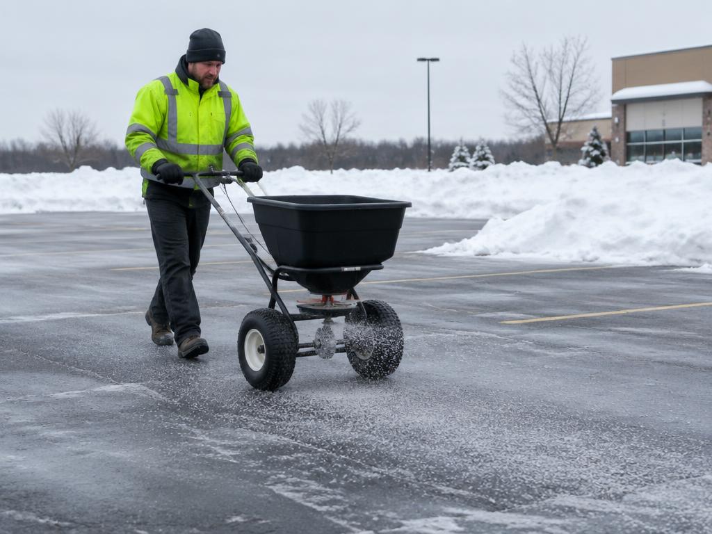 Worker spreading salt across a cleared parking lot