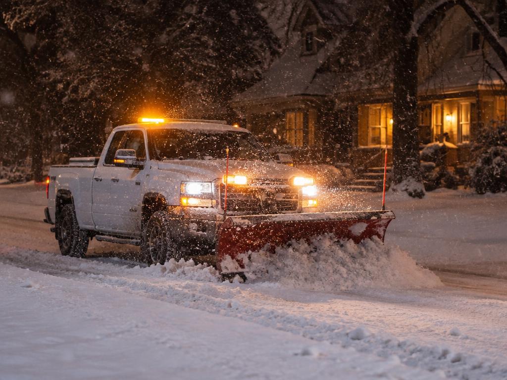 Plow truck working through a nighttime snowstorm