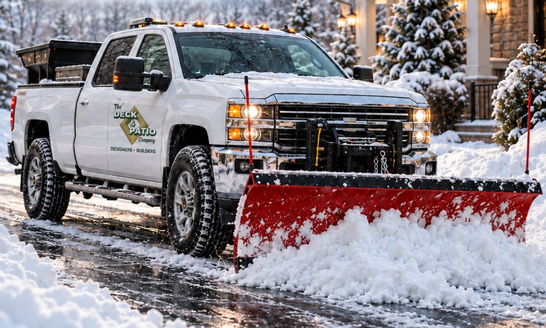 The Deck & Patio Company plow truck with red plow pushing snow from a Long Island driveway