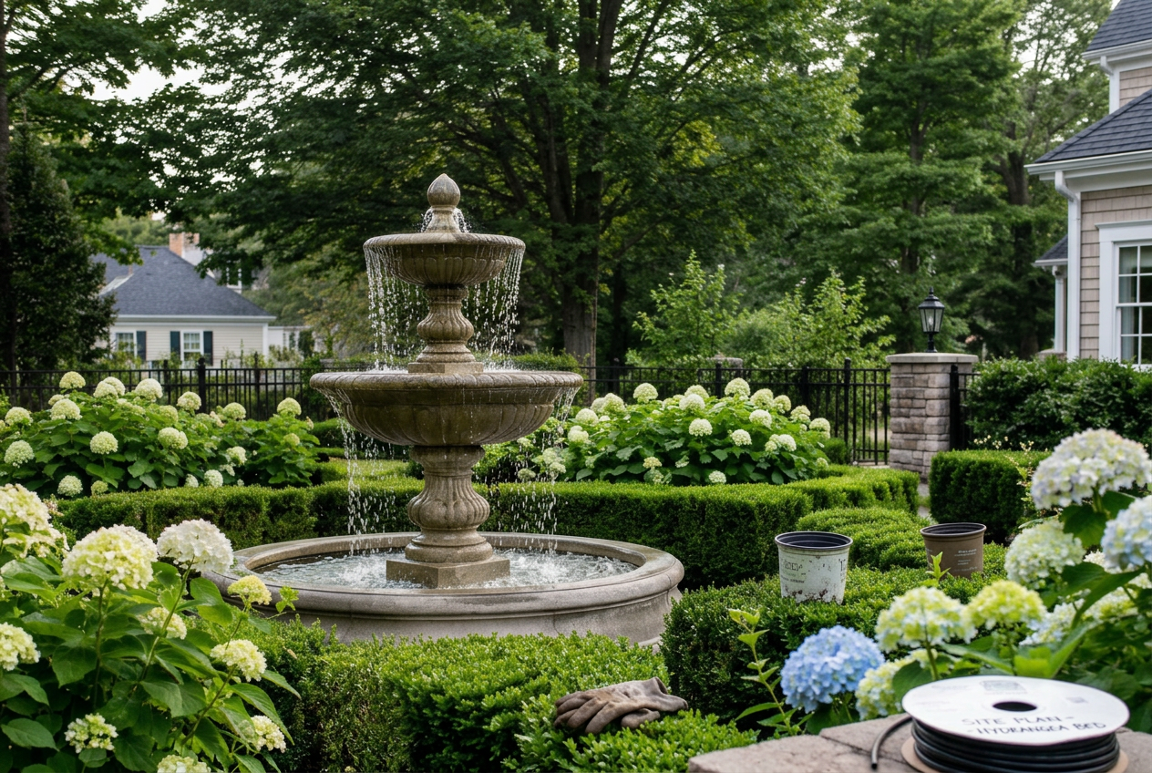 Tiered stone fountain in a manicured Long Island garden