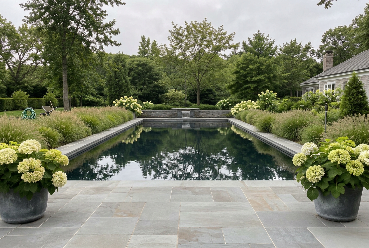 Still reflecting basin framed by ornamental grasses and hydrangeas