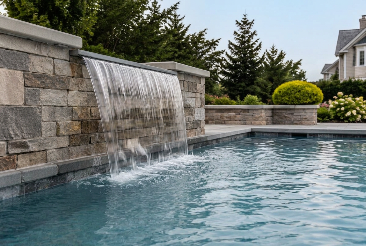 Sheer descent waterfall falling from a stone wall into a pool