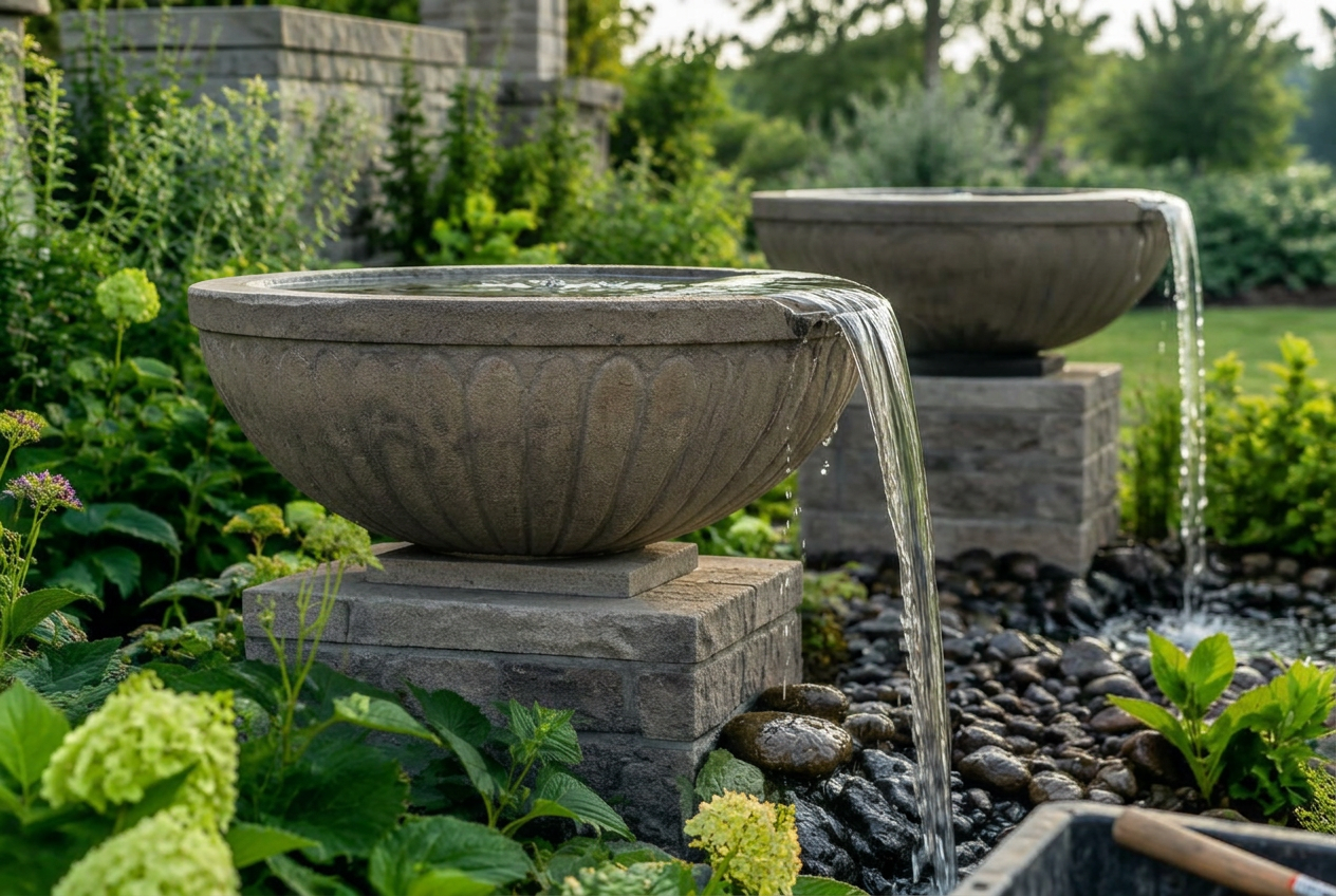 Stone spillway bowls pouring water into a pebble reservoir