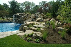 Natural stone path to water slide